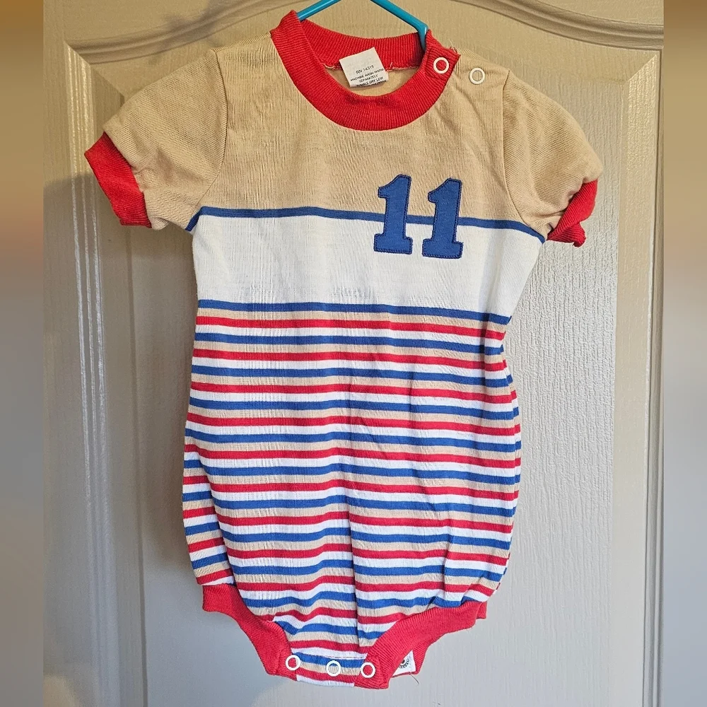 Vintage 90s 18mo Baby One Piece Sports #11 With Stripes And Snaps At Bottom